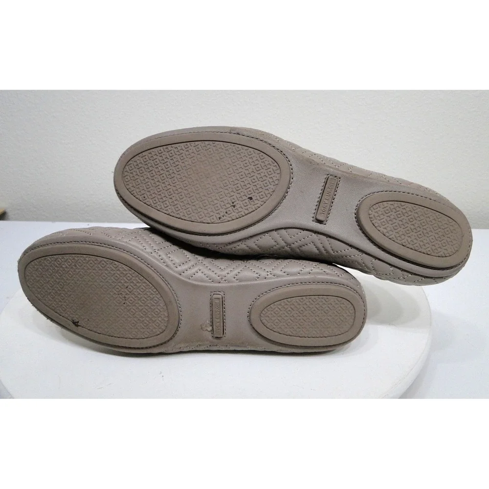 Tory Burch Minnie Travel Ballet Flats Quilted Leather Taupe Grey Gold Logo